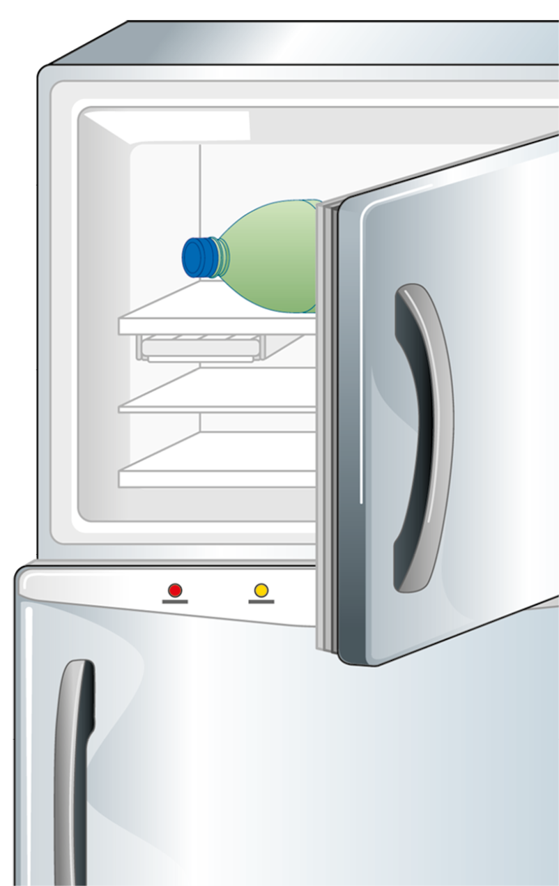 Ilustração. Uma geladeira com a porta do freezer, na parte de cima, aberta, e uma garrafa plástica verde de tampa azul dentro.
