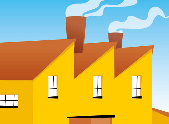 Ilustração. Uma fábrica com a fachada amarela e duas chaminés na parte superior. Das chaminés sai uma fumaça branca que está virada para a direita.