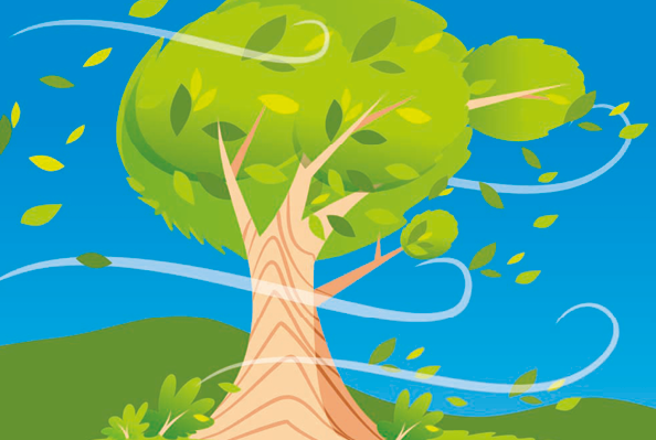 Ilustração. Uma árvore com a copa inclinada para a direita. Ao redor, linhas espirais longas indicam o vento forte