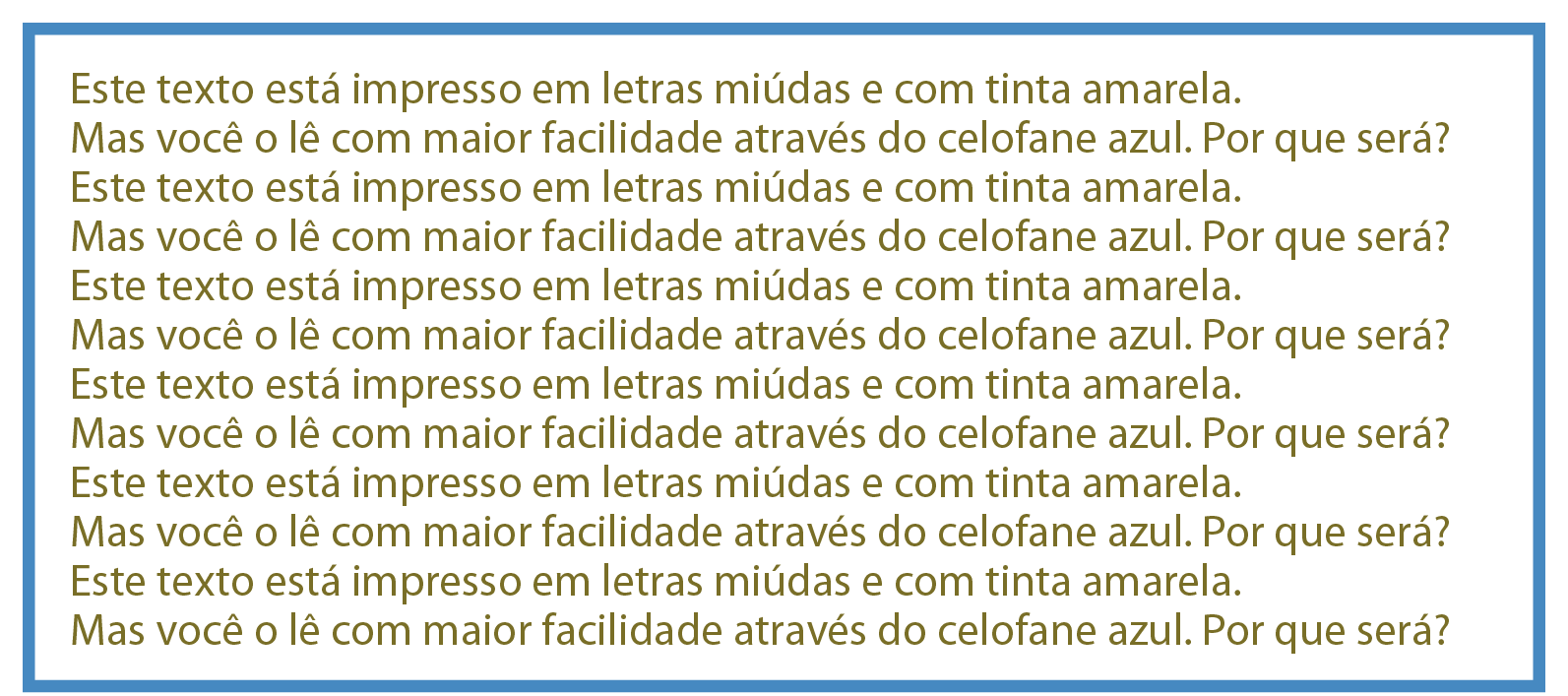 Frases escritas na cor amarela repetem-se seis vezes e estão delimitadas por um retângulo azul. O conteúdo das frases é: "Este texto está impresso em letras miúdas e com tinta amarela. Mas você o lê com mais facilidade através do celofane azul. Por que será?"