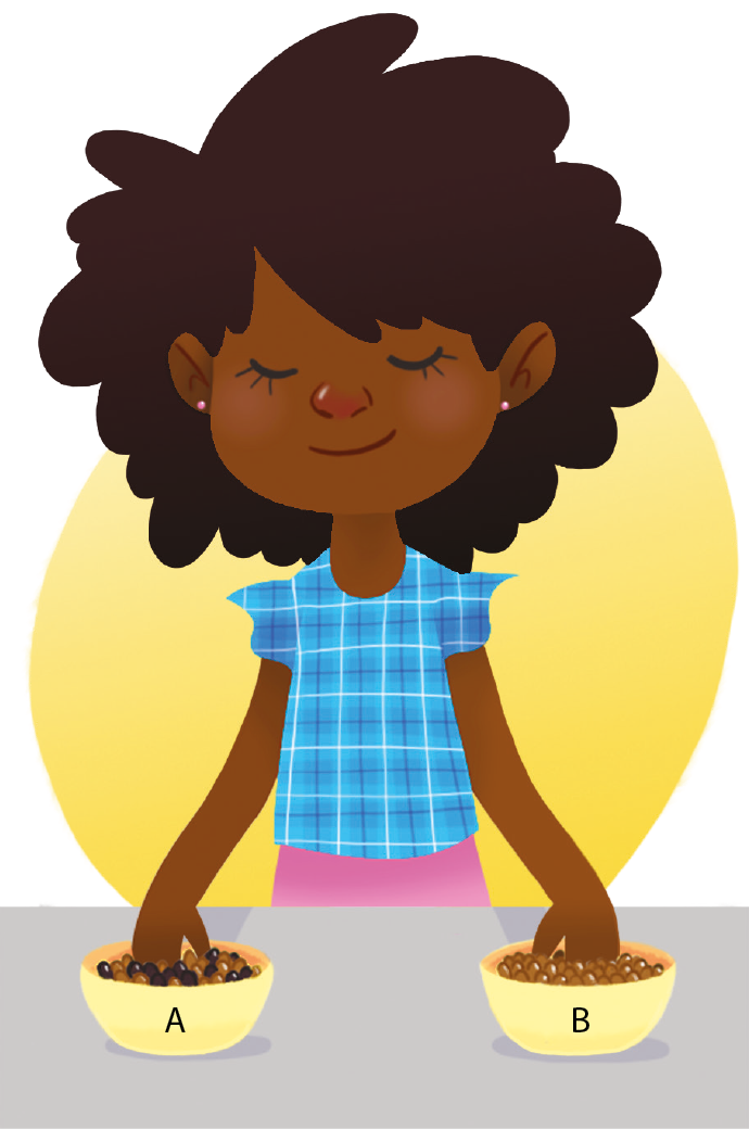 Ilustração. Menina negra de cabelo curto castanho, vestindo camiseta azul xadrez. Ela está com cada uma das mãos dentro de um pote. Pote A e Pote B. Pote A com bolinhas marrons e pretas. Pote B com bolinhas marrons.