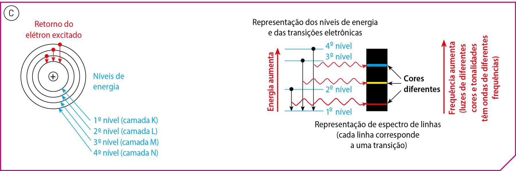 Esquema C. Sinal de positivo no centro de quatro círculos concêntricos. Cada um representa um nível de energia. De dentro para fora: 1º nível (camada K); 2º nível (camada L); 3º nível (camada M); 4º nível (camada N). Cada uma das 3 camadas exteriores tem um ponto vermelho com uma seta para dentro, indicando o retorno do elétron excitado. Esquema. Representação dos níveis de energia e das transições eletrônicas. Faixa preta vertical com três linhas coloridas, de cima para baixo: uma azul, uma amarela e uma vermelha. Texto: Cores diferentes. Texto: Representação de espectro de linhas (cada linha corresponde a uma transição). Do lado direito, seta para cima: Frequência aumenta (luzes de diferentes cores e tonalidades têm ondas de diferentes frequências).  À esquerda, há quatro linhas horizontais representando os 4 níveis de energia. No segundo, no terceiro e no quarto tem uma bolinha preta com uma seta até o primeiro nível, que está abaixo. Seta do primeiro nível em direção ao quarto nível indica o aumento de energia.
