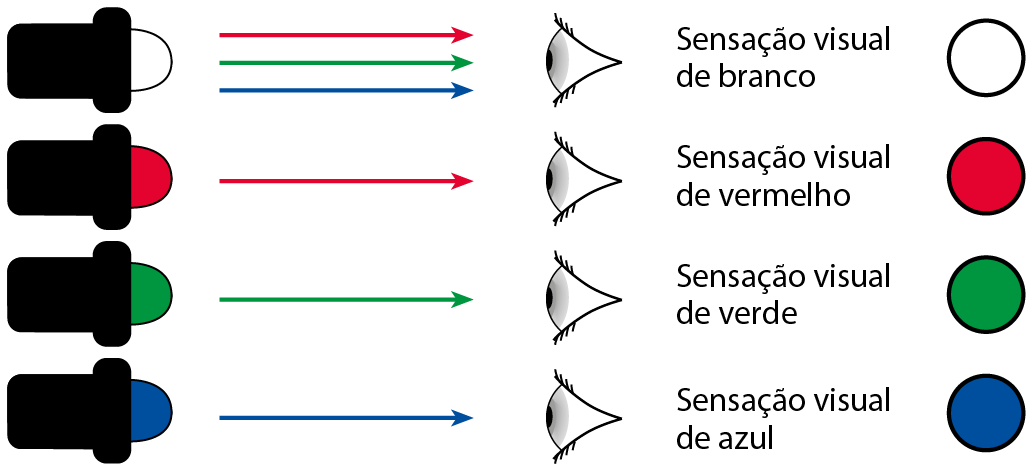 Esquema. Quatro luzes coloridas. Luz branca, três setas até um olho, uma vermelha, uma verde e uma azul. Sensação visual de branco. Luz vermelha, uma seta vermelha até um olho. Sensação visual de vermelho. Luz verde, uma seta verde até um olho. Sensação visual de verde. Luz azul, uma seta azul até um olho. Sensação visual de azul.