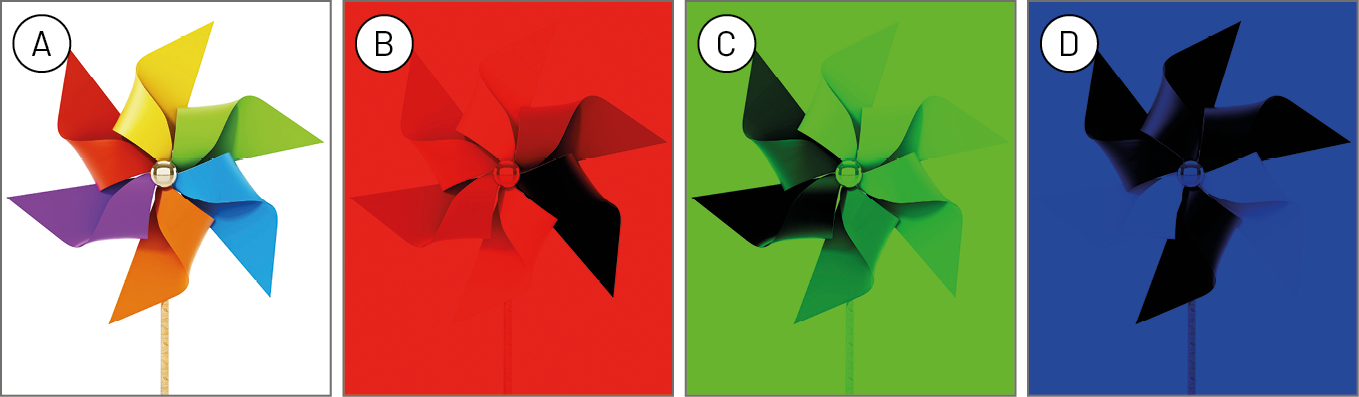 Fotografia A. Um cata-vento com seis pontas coloridas: amarela, verde, azul, laranja, roxa e vermelha. Fotografia B. O mesmo cata-vento sob luz vermelha, com algumas pontas vermelhas e uma delas preta. Fotografia C. O mesmo cata-vento sob luz verde, com algumas pontas verdes e duas delas pretas. Fotografia D. O mesmo cata-vento sob luz azul, com algumas azuis e quatro delas pretas.