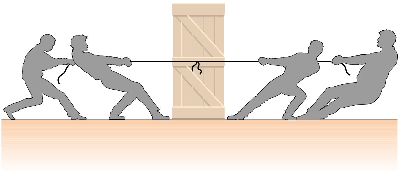 Esquema. Quatro pessoas divididas em dois grupos. Todos seguram uma corda amarrada a um caixote. Cada dupla puxa para um lado.