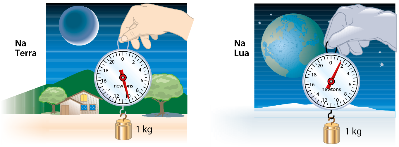 Esquema. Na Terra: destaque para uma mão segurando um dinamômetro com um cilindro de um 1 quilograma. O dinamômetro marca 10 Newtons. Na Lua: destaque para uma mão segurando um dinamômetro com um cilindro de 1 quilograma. O dinamômetro marca 1,6 Newton.