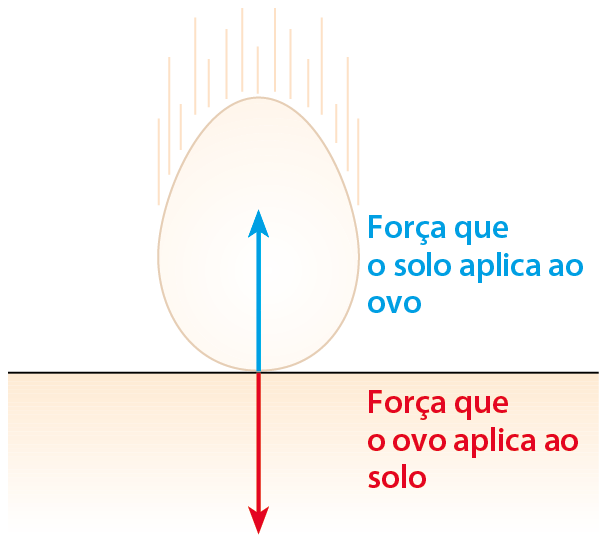 Esquema. Ovo em queda. Seta azul para cima representa Força que o solo aplica ao ovo. Seta vermelha para baixo representa força que o ovo aplica ao solo.