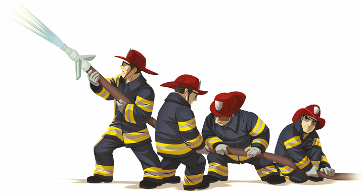 Ilustração. Quatro bombeiros vestindo chapéu vermelho, casaco e calça azul com faixas amarelas. Eles seguram uma mangueira ligada.