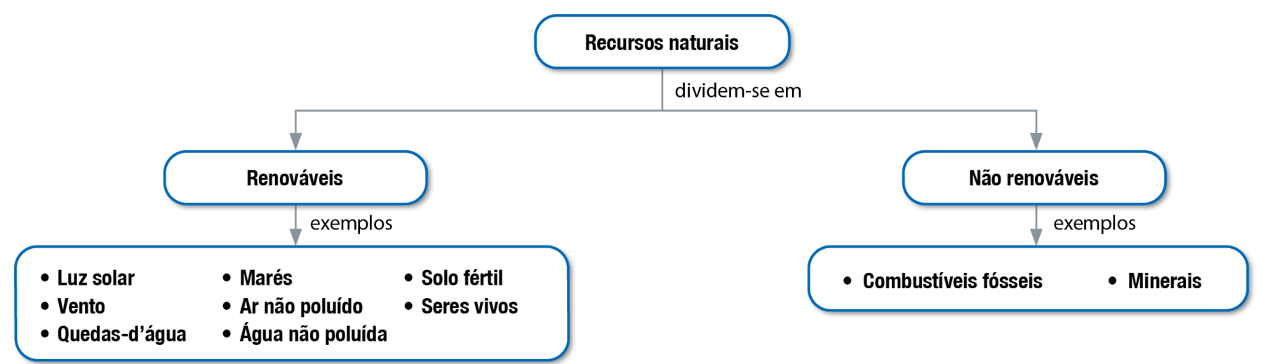 Fluxograma. Recursos naturais, dividem-se em renováveis e não renováveis. Renováveis, exemplos: luz solar; marés; solo fértil; vento; ar não poluído; seres vivos; quedas-d’água; água não poluída. Não renováveis, exemplos: combustíveis fósseis; minerais.