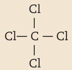 Imagem de fórmula estrutural representada por uma letra C ao centro e 4 Cl ao redor (acima, abaixo, à direita e à esquerda), ligados à letra C por um traço.