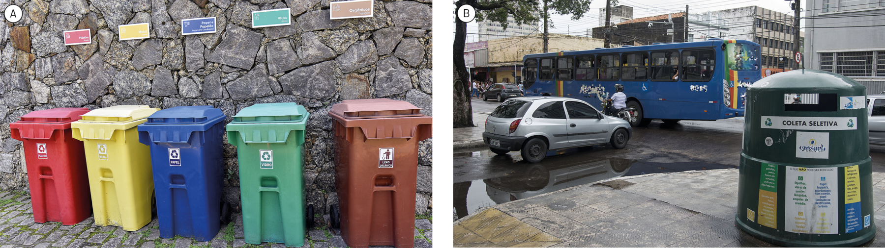 Fotografia A. Latas de lixo na frente de uma parede de pedras. As latas são das cores: vermelha, amarela, azul, verde e marrom.  Fotografia B. Grande lixeira verde com uma placa escrito: “coleta seletiva” na calçada, perto do cruzamento de duas ruas.