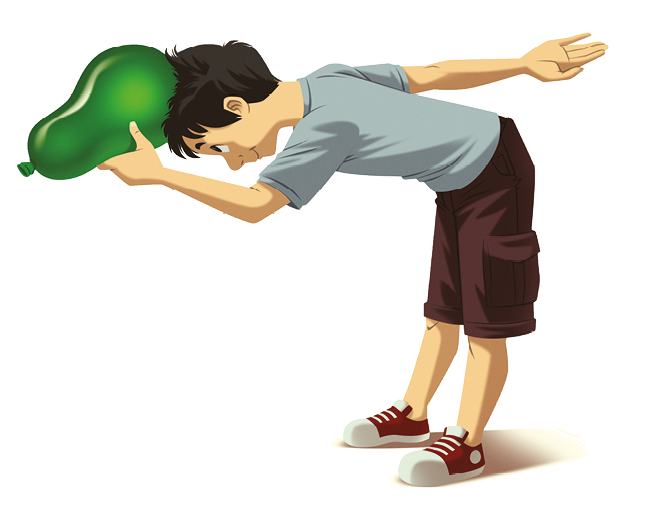 Ilustração. Menino de cabelo castanho, bermuda marrom e camiseta cinza. Ele está curvado para a frente e segura um balão verde cheio na cabeça.