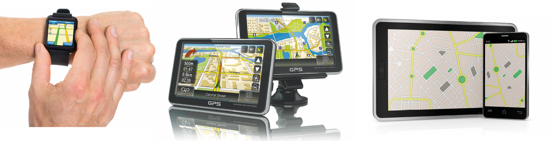 Fotografia. Destaque para 
o relógio no pulso de uma pessoa, com a imagem de um mapa na tela. Fotografia. Dois aparelhos eletrônicos de GPS. Na tela, imagem de um mapa.  Fotografia. Um tablet e um celular com a imagem de um mapa na tela.