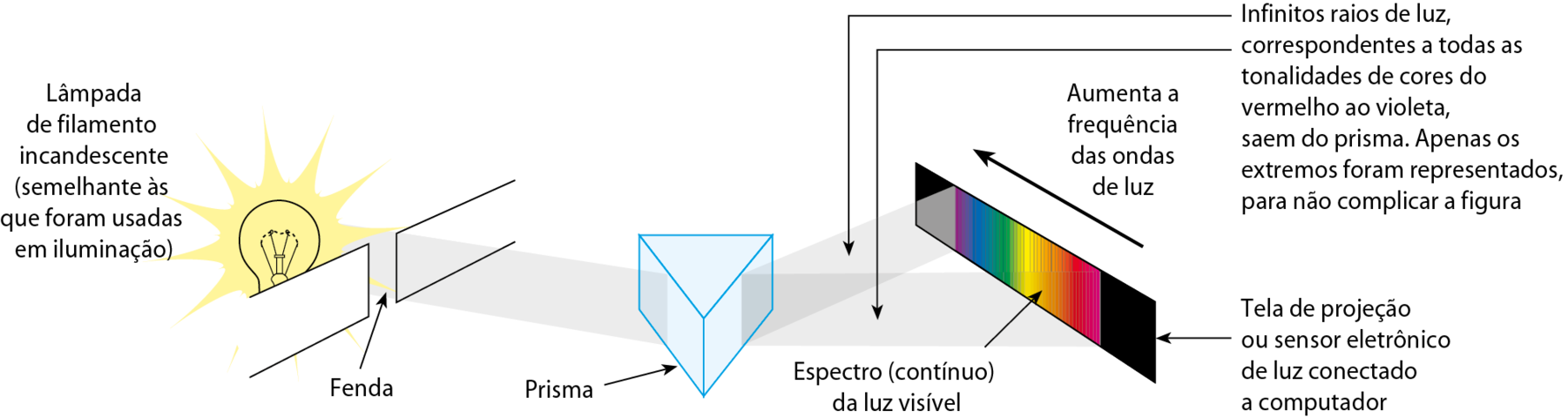 Esquema. Dois retângulos na horizontal espaçados formando uma fenda. Atrás, lâmpada acesa. Texto: Lâmpada de filamento incandescente (semelhante às que foram usadas em iluminação). Da lâmpada sai uma faixa que vai até um prisma. Ao sair do prisma, a faixa se divide em duas. Texto: Infinitos raios de luz, correspondentes a todas as tonalidades de cores do vermelho ao violeta, saem do prisma. Apenas os extremos foram representados, para não complicar a figura. As faixas chegam até uma tela de projeção ou sensor eletrônico de luz conectado a computador. Na tela de projeção, faixa com todas as cores do violeta ao vermelho. Texto: Espectro (contínuo) de luz visível. Da direita para a esquerda, aumenta a frequência das ondas de luz.