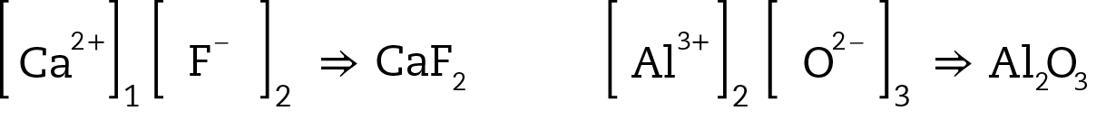 Equação. Abre colchete. Ca 2 mais. Fecha colchete. 1. Abre colchete. F menos. Fecha colchete. 2. Seta. CaF2. Equação. Abre colchete. Al 3 mais. Fecha colchete. 2. Abre colchete. O 2 menos. Fecha colchete. 3. Seta. Al2O3.