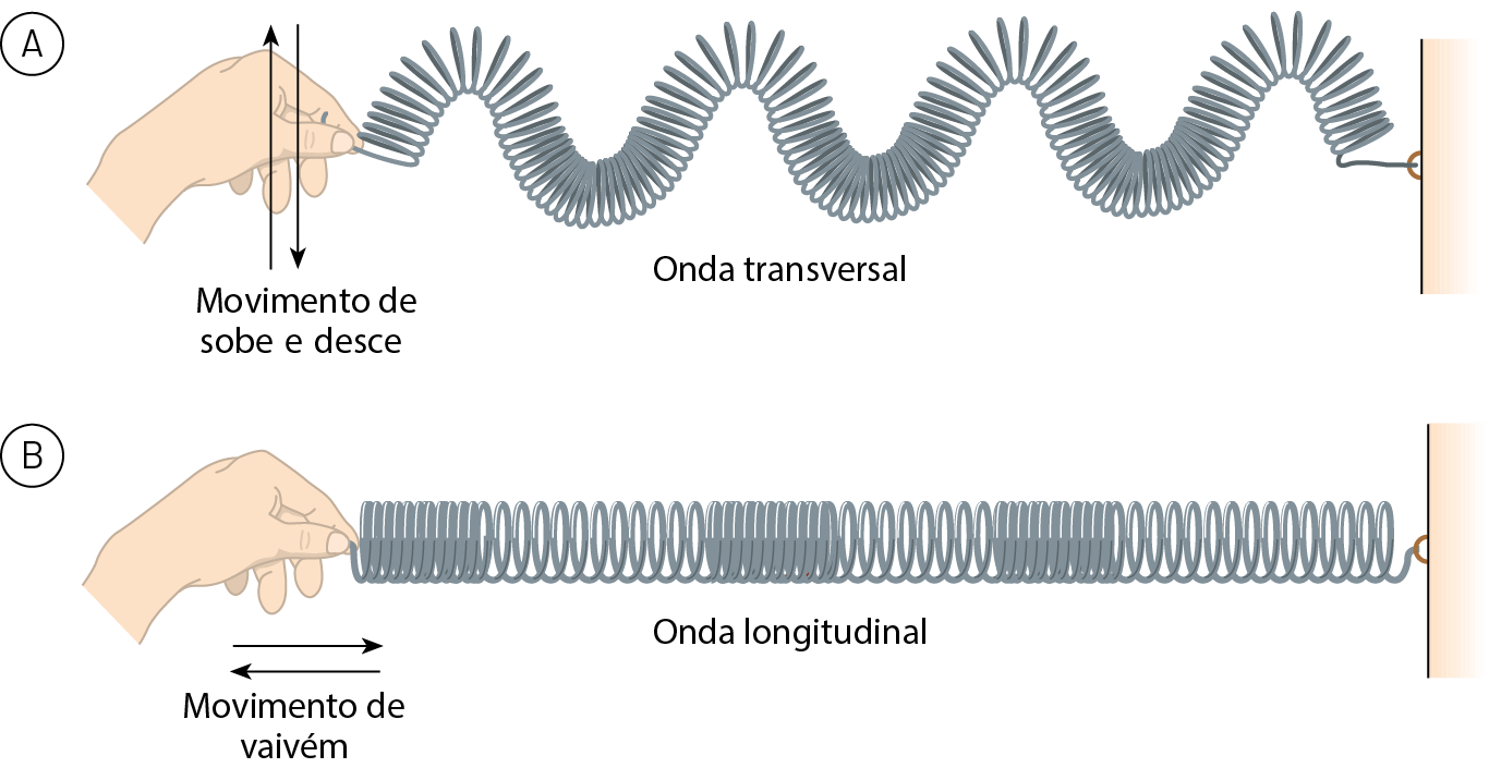 Esquema A. A mão de uma pessoa segura a extremidade de uma mola. A outra extremidade está presa a uma superfície vertical. Na mão da pessoa, seta para cima e para baixo indicando movimento de sobe e desce. A mola está no formato de uma onda transversal. Esquema B. A mão de uma pessoa segura a extremidade de uma mola. A outra extremidade está presa a uma superfície vertical. Na mão da pessoa, seta para frente e para trás indicando movimento de vaivém. A mola está no formato de uma onda longitudinal.