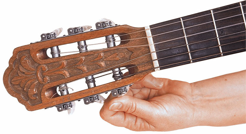Fotografia. Destaque para a mão de uma pessoa mexendo nas cordas de um violão.