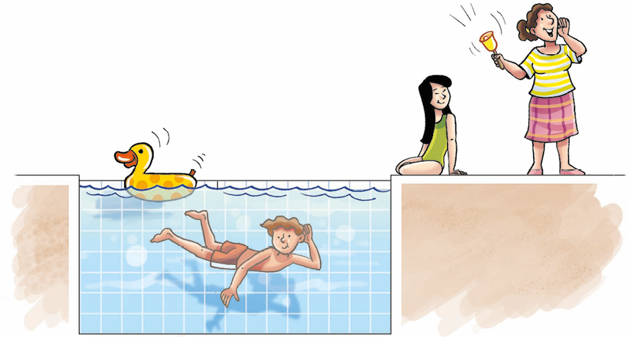 Ilustração. Uma piscina. Na superfície da água, uma boia de patinho. No fundo da piscina, um menino mergulhando. Uma menina está sentada na borda da piscina. Ela olha para uma mulher que está ao lado. A mulher toca um sino com uma das mãos.