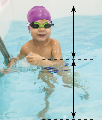 Fotografia. Uma criança em uma piscina. Ela está com parte do tronco para fora da água. Linhas tracejadas indicam a mesma altura para fora e para dentro da água.