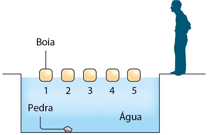 Esquema. Uma pessoa de pé na borda de uma piscina. À frente, cinco boias enumeradas, sendo a boia 1 a mais distante do homem e a boia 5 a mais próxima. No fundo da piscina, uma pedra, na direção da boia 2.