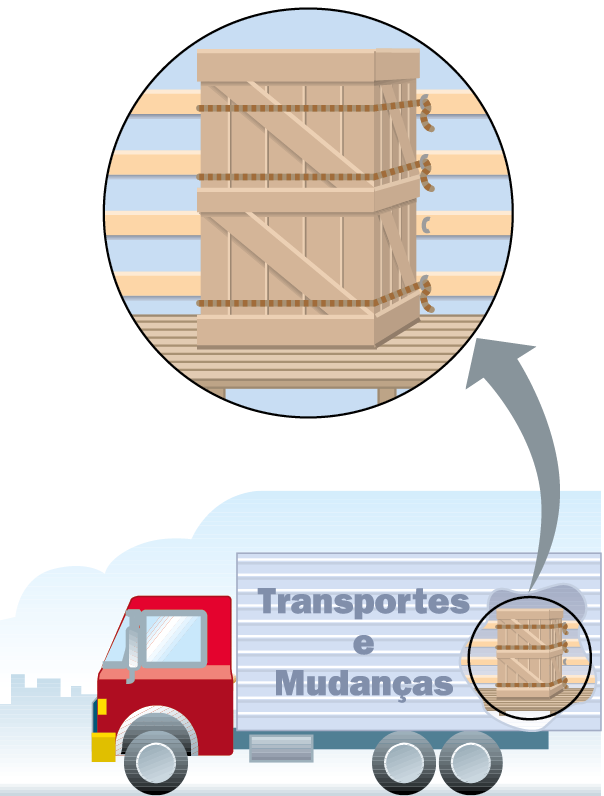 Esquema. Caminhão vermelho com a caçamba informando: “Transporte e mudança”. Seta indicando o que há dentro da carroceria do caminhão: um caixote de madeira.