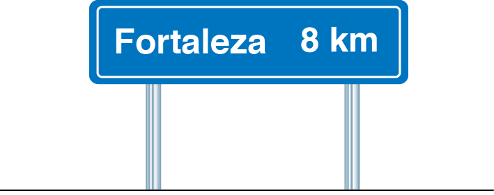 Ilustração. Placa retangular azul indicando Fortaleza 8 quilômetro.