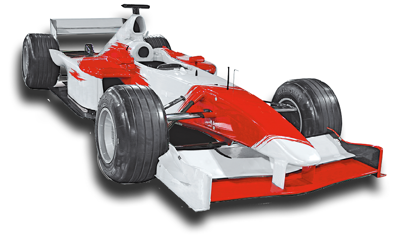 Fotografia. Carro de corrida de formula 1 branco e vermelho.
