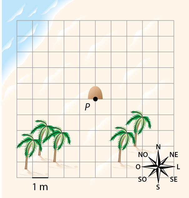 Esquema. Mapa quadriculado de 10 por 10 quadrados; cada lado do quadrado corresponde a 1 metro. No canto inferior esquerdo, três coqueiros. No centro, uma pedra indica ponto P. No canto inferior direito, dois coqueiros e uma rosa dos ventos.