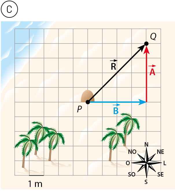 Esquema C. Mapa quadriculado de 10 por 10 quadrados; cada lado do quadrado corresponde a 1 metro. No canto inferior esquerdo, três coqueiros. No centro, uma pedra indica ponto P. No canto inferior direito, dois coqueiros e uma rosa dos ventos. A partir do ponto P para direita seta vetor B 4 metros. Depois, a partir do final de B, seta para cima vetor A até ponto Q. Entre P e Q, seta diagonal vetor R.