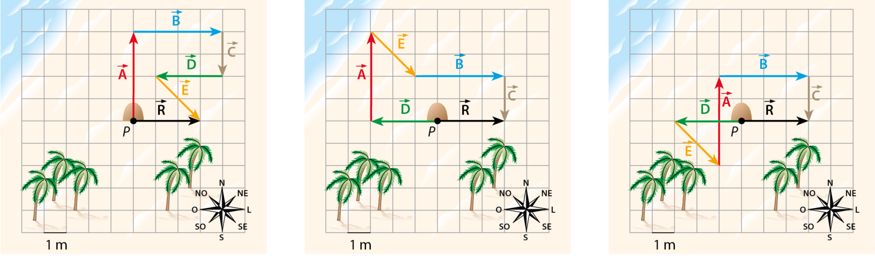 Esquema. Mapa quadriculado de 10 por 10 quadrados; cada lado do quadrado corresponde a 1 metro. No canto inferior esquerdo, três coqueiros. No centro, uma pedra indica ponto P. No canto inferior direito, dois coqueiros e uma rosa dos ventos. Seta vermelha a partir de P vetor A 4 metros para cima. Seta azul vetor B 4 metros para a esquerda. Seta marrom vetor C 2 metros para baixo. Seta verde vetor D 3 metros para a esquerda. Seta amarela diagonal para baixo e para direita vetor E  2 metros. Saindo do ponto P, vetor R 3 metros preto para direita. Esquema. Mapa quadriculado de 10 por 10 quadrados; cada lado do quadrado corresponde a 1 metro. No canto inferior esquerdo, três coqueiros. No centro, uma pedra indica ponto P. No canto inferior direito, dois coqueiros e uma rosa dos ventos. A partir de P, seta verde 3 metros vetor D para esquerda. Seta vermelha 4 metros vetor A para cima. Seta amarela 2 metros vetor E na diagonal para baixo e para a direita. Seta azul 4 metros vetor B para direita. Seta marrom 2 metros vetor C para baixo. Saindo do ponto P, vetor R 3 metros preto para direita. Esquema. Mapa quadriculado de 10 por 10 quadrados; cada lado do quadrado corresponde a 1 metro. No canto inferior esquerdo, três coqueiros. No centro, uma pedra indica ponto P. No canto inferior direito, dois coqueiros e uma rosa dos ventos. A partir de P, seta verde 3 metros vetor D para esquerda. Seta amarela 2 metros vetor E na diagonal para baixo e para a direita. Seta vermelha 4 metros vetor A para cima. Seta azul 4 metros vetor B para direita. Seta marrom 2 metros vetor C para baixo. Saindo do ponto P, vetor R 3 metros preto para direita.