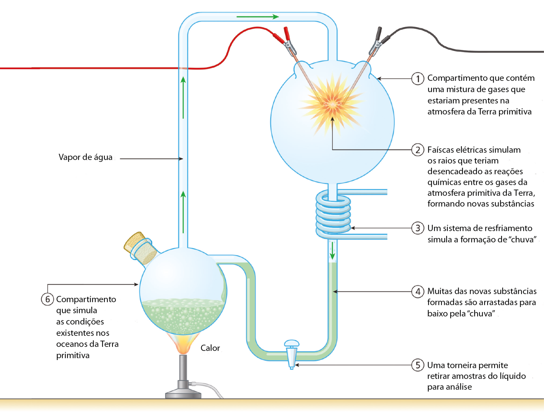 Esquema. Vidro arredondado, seta para 1: compartimento que contém uma mistura de gases que estariam presentes na atmosfera da Terra primitiva. No centro, descargas elétricas, seta para 2: Faíscas elétricas simulam os raios que teriam desencadeado as reações químicas entre os gases da atmosfera primitiva da Terra, formando novas substâncias. Saindo do vidro arredondado, um tubo  envolto por uma estrutura em forma de espiral, seta para 3: um sistema de resfriamento simula a formação de “chuva”. Abaixo da espiral, tubo com líquido e seta indicando o sentido das substâncias que passam pelo tubo, seta para 4: muitas das novas substâncias formadas são arrastadas para baixo pela “chuva”. Na parte inferior do tubo, uma torneira, seta para 5: Uma torneira permite retirar amostras do líquido para análise. O tubo de vidro em forma de "U" chega até outro vidro arredondado, aquecido por um bico de Bunsen, seta para 6: compartimento que simula as condições existentes nos oceanos da terra primitiva. Do vidro arredondado, sai um tubo, onde passa vapor de água, que sobe até o outro vidro arredondado onde ocorrem as descargas elétricas.