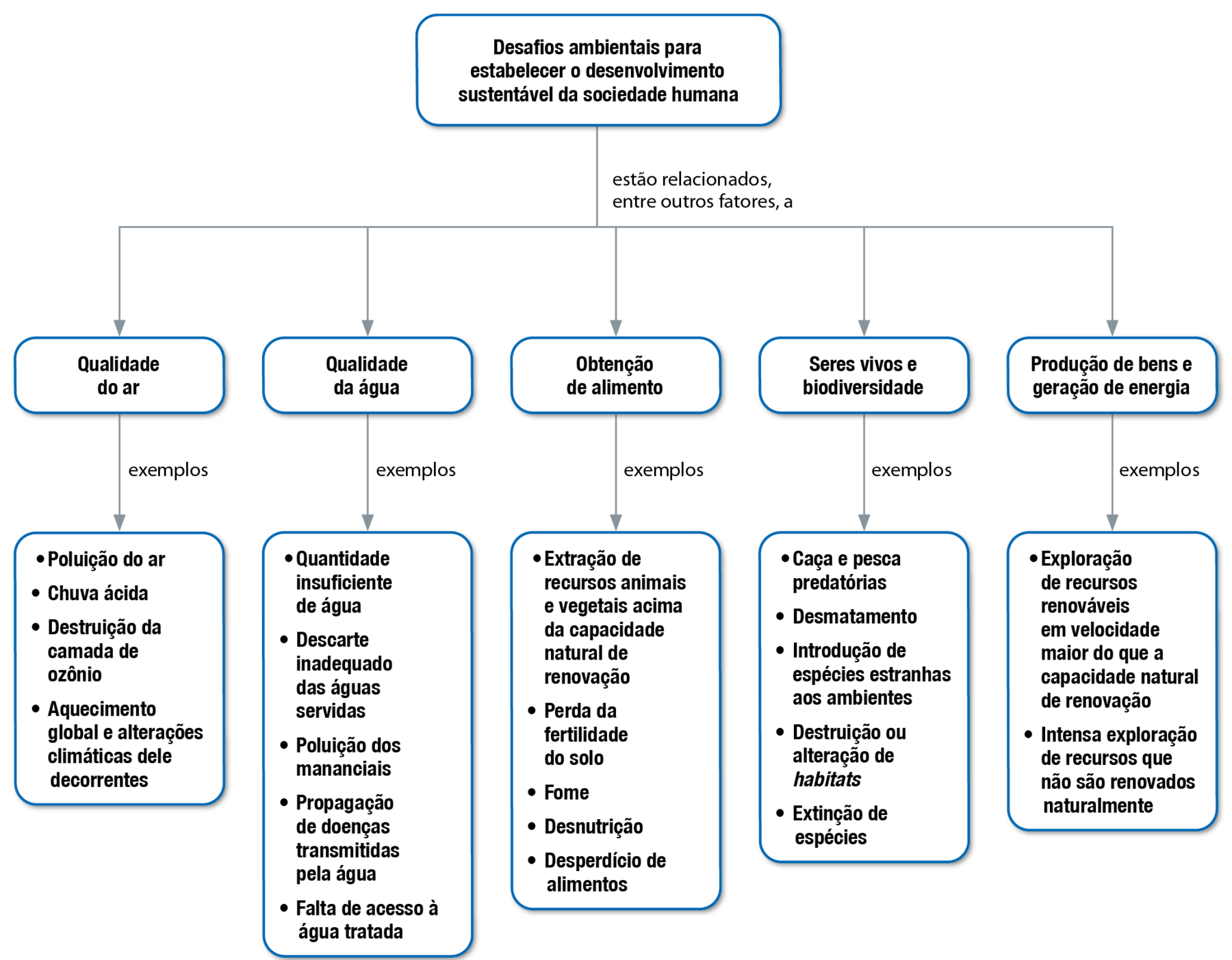 Fluxograma. Desafios para estabelecer o desenvolvimento sustentável da sociedade humana estão relacionados, entre outros fatores, a qualidade do ar; qualidade da água; obtenção de alimentos; seres vivos e biodiversidade; produção de bens e geração de energia. Qualidade do ar, exemplos: poluição do ar; chuva ácida; destruição da camada de ozônio; aquecimento global e alterações climáticas dele decorrentes. Qualidade da água, exemplos: quantidade insuficiente de água; descarte inadequado das águas servidas; poluição dos mananciais; propagação de doenças transmitidas pela água; falta de acesso à água tratada. Obtenção de alimentos, exemplos: extração de recursos animais e vegetais acima da capacidade natural de renovação; perda da fertilidade do solo; fome; desnutrição; desperdício de alimentos. Seres vivos e biodiversidade, exemplos: caça e pesca predatórias; desmatamento; introdução de espécies estranhas aos ambientes; destruição ou alteração de habitats; extinção de espécies. Produção de bens e geração de energia, exemplos: exploração de recursos renováveis em velocidade maior do que a capacidade natural de renovação; intensa exploração de recursos que não são renovados naturalmente.