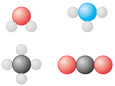 Ilustração. Esfera vermelha com duas esferas brancas ao redor. Esfera azul com três esferas brancas ao redor. Esfera preta com quatro esferas brancas ao redor. Esfera preta unida a duas esferas vermelhas, uma de cada lado.