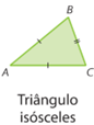 Figura geométrica. Triângulo verde ABC, dois lados com um tracinho e um lado com dois tracinhos. legenda: triângulo isósceles