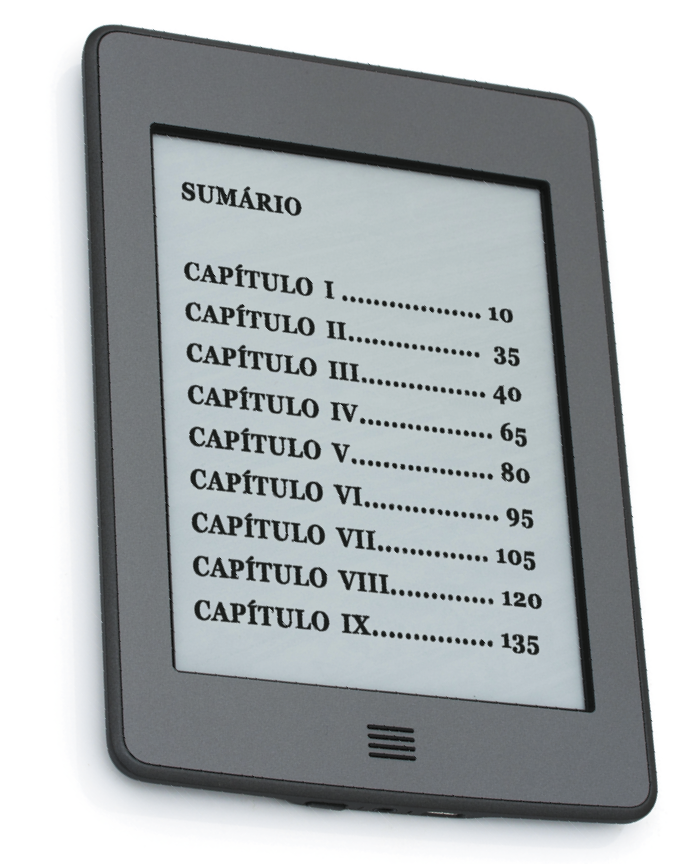 Ilustração. Leitor de livro digital com capítulos do sumário do livro em números romanos.