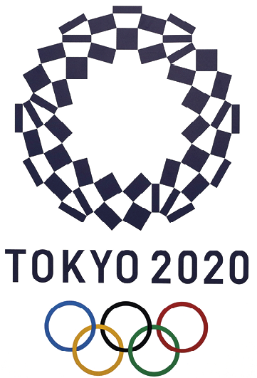 Fotografia. Logotipo TOKYO 2020 composto por pequenos retângulos formando um círculo. Abaixo, TOKYO 2020 e cinco argolas coloridas entrelaçadas.