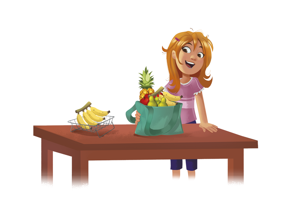 Ilustração. Menina loira de blusa rosa à frente de uma mesa. Sobre a mesa, sacola com frutas. Ao lado, cesta com bananas.