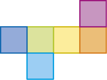 Ilustração. Modelo de cubo desmontado. A figura é composta por 6 quadrados coloridos. A figura se parece com a planificação da superfície de um cubo. Da esquerda para a direita: quadrado azul-escuro, quadrado verde-claro, quadrado amarelo, quadrado laranja. Abaixo do quadrado verde-claro, quadrado azul claro. Acima do quadrado laranja, quadrado rosa.