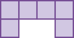 Figura geométrica. Figura roxa, formada por 6 quadrados idênticos.  4 deles estão lado a lado. Abaixo do primeiro quadrado, da esquerda para a direita,  um quadrado. Abaixo do quarto quadrado, outro quadrado.