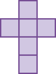 Figura geométrica. Figura roxa, formada por 6 quadrados idênticos.  3 deles estão lado a lado. Acima do quadrado do meio há um quadrado e abaixo do quadrado do meio, há 2 quadrados na vertical.