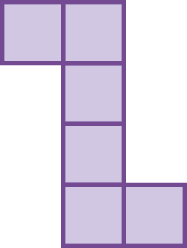 Figura geométrica. Figura roxa, formada por 6 quadrados idênticos. 4 deles estão na vertical. À esquerda do primeiro, de cima para baixo, um quadrado. À direita do quarto, outro quadrado.