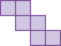 Figura geométrica. Figura roxa, formada por 6 quadrados idênticos. Começando pelo primeiro, o segundo está a direita, o terceiro abaixo, o quarto a direita, o quinto está abaixo e o sexto está abaixo direita.