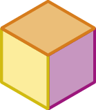 d) Figura geométrica. Representação de um modelo de cubo em que é possível visualizar 3 superfícies: superfície lateral esquerda amarela, superfície lateral direita rosa e superfície superior laranja.