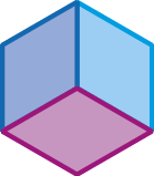a) Figura geométrica. Representação de um modelo de cubo em que é possível visualizar 3 superfícies: superfície lateral esquerda azul escuro, superfície lateral direita azul claro e superfície inferior rosa.