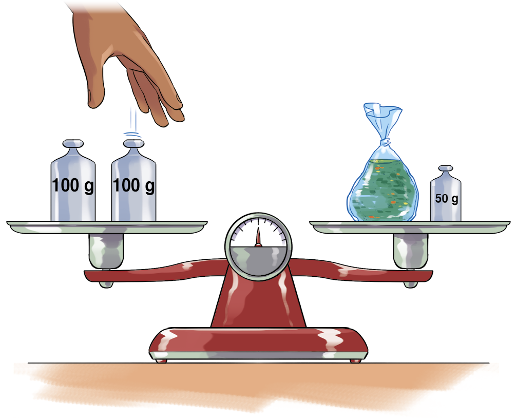 Ilustração. Balança de dois pratos. No prato à esquerda, dois pesos de 100 gramas cada. No prato à direita, um saquinho de temperos e um peso de 50 gramas. A balança está equilibrada.