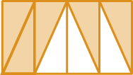 Figura geométrica. Retângulo dividido em 8 partes triangulares iguais, sendo 5 alaranjadas e 3 brancas. Da esquerda para a direita, a primeira, segunda, terceira, sexta e oitava partes são alaranjadas. A quarta, quinta e sétima partes são brancas.