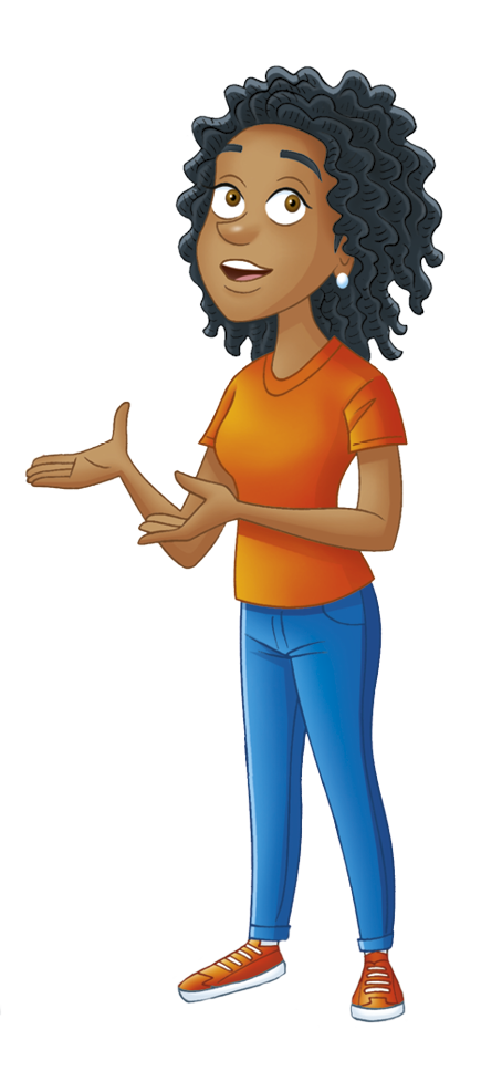 Ilustração. Mulher negra com camiseta laranjada e calça azul.