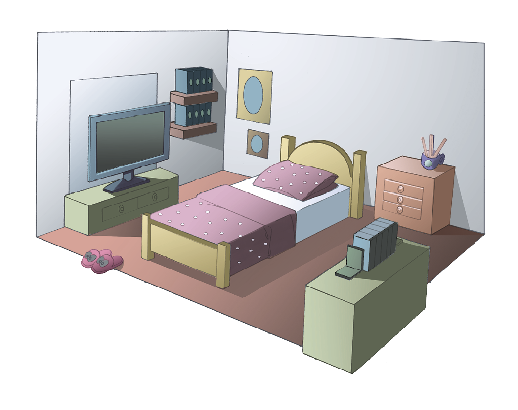 Ilustração. Interior de um quarto em que é possível observar o encontro de uma parede a direita com uma parede a esquerda. Uma cama com formato de paralelepípedo no centro da imagem, a parte de trás da cama está encostada na parede da direita. Do lado esquerdo da cama há uma mesa de cabeceira com gavetas e puxadores circulares. Do lado direito, na parede, há dois quadros retangulares com círculos no centro, um maior e outro menor. Na parede lateral há um painel retangular. Abaixo desse painel, há uma móvel com gavetas de puxadores circulares e um aparelho de televisão sobre ele. A esquerda desse móvel, próximo ao encontro com a parede da direita, há duas prateleiras com livros. Do lado oposto do quarto, alinhado com o aparelho de televisão, há outro móvel com formato de paralelepípedo com alguns livros enfileirados sobre ele.