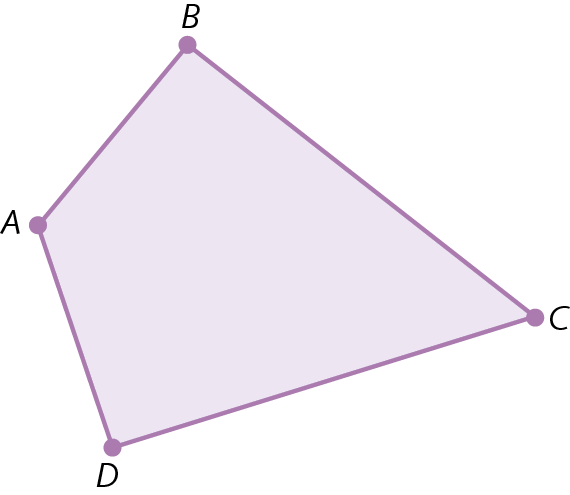 Figura geométrica. Representação de um quadrilátero convexo roxo ABCD com pontos roxos em cada vértice.