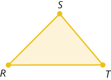 Figura geométrica. Representação do contorno amarelo de um triângulo RST com pontos amarelos em cada vértice.